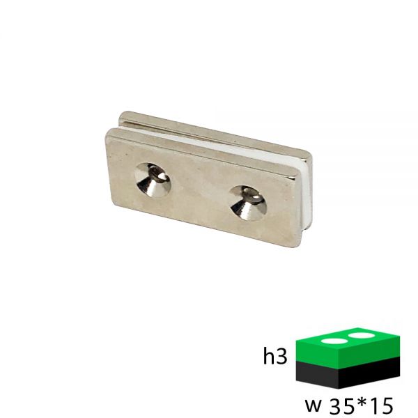 Неодимовый магнит прямоугольник 35х15х3 мм с двумя зенковками 4/8 мм.